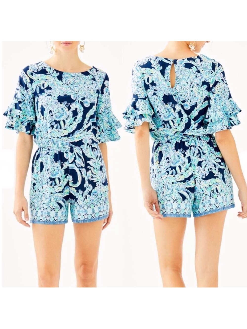 Lilly Pulitzer Lana Skort Romper Ruffled Sleeves Navy Floral Off Shoulder Medium